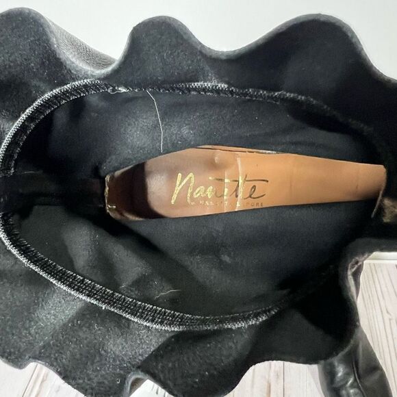 Nanette Lepore Black Leather Ankle Boots Round Block Heel Ruffle Top - Picture 5 of 8